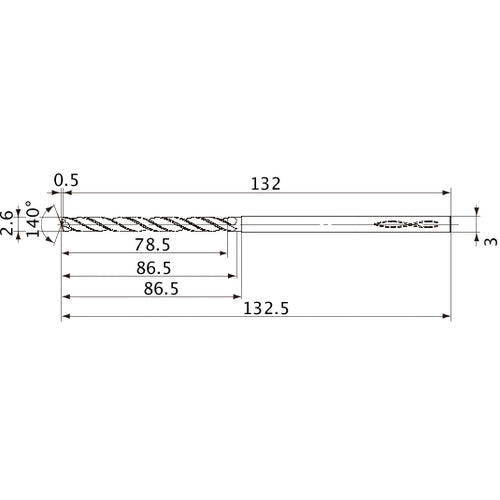MVS0260X30S030 DP1020 2.6 mm Dia. × 3 mm Shank × 86.5 mm Flute Length × 132.5 mm OAL, 140°, 2 Flute, Coolant Thru, Solid Carbide Drill
