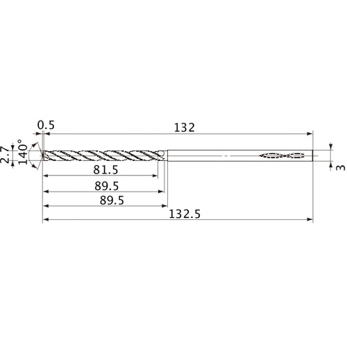 MVS0270X30S030 DP1020 2.7 mm Dia. × 3 mm Shank × 89.5 mm Flute Length × 132.5 mm OAL, 140°, 2 Flute, Coolant Thru, Solid Carbide Drill