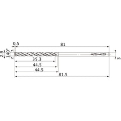 MVS0290X12S030 DP1020 2.9 mm Dia. × 3 mm Shank × 44.5 mm Flute Length × 81.5 mm OAL, 140°, 2 Flute, Coolant Thru, Solid Carbide Drill