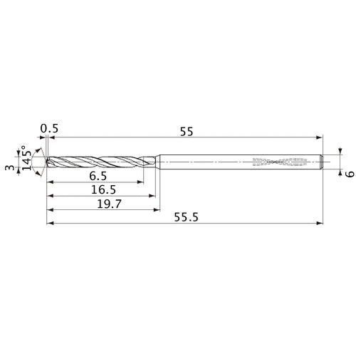 MVS0300X02S060PL DP1020 3 mm Dia. × 6 mm Shank × 16.5 mm Flute Length × 55.5 mm OAL, 145°, 2 Flute, Coolant Thru, Solid Carbide Drill