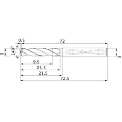 MVS0300X03S030 DP1020 3 mm Dia. × 3 mm Shank × 21.5 mm Flute Length × 72.5 mm OAL, 140°, 2 Flute, Coolant Thru, Solid Carbide Drill