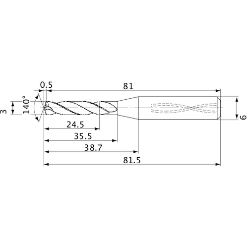 MVS0300X08S060 DP1020 3 mm Dia. × 6 mm Shank × 35.5 mm Flute Length × 81.5 mm OAL, 140°, 2 Flute, Coolant Thru, Solid Carbide Drill