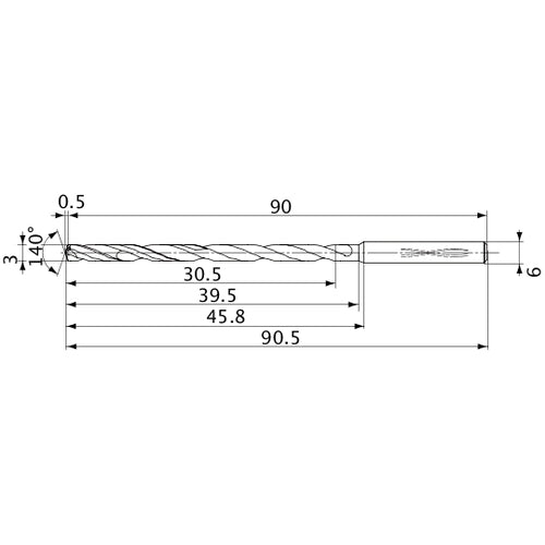 MVS0300X10S060 DP1020 3 mm Dia. × 6 mm Shank × 39.5 mm Flute Length × 90.5 mm OAL, 140°, 2 Flute, Coolant Thru, Solid Carbide Drill