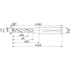 MVS0305X03S060 DP1020 0.12″ Dia. × 0.236″ Shank × 0.85″ Flute Length × 3.016″ OAL, 140°, 2 Flute, Coolant Thru, Solid Carbide Drill