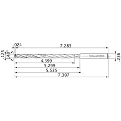 MVS0318X35S060 DP1020 1/8″ Dia. × 0.236″ Shank × 5.299″ Flute Length × 7.307″ OAL, 140°, 2 Flute, Coolant Thru, Solid Carbide Drill