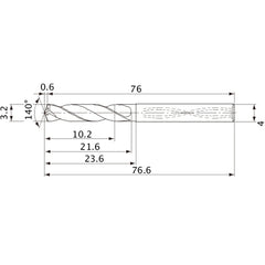 MVS0320X03S040 DP1020 3.2 mm Dia. × 4 mm Shank × 21.6 mm Flute Length × 76.6 mm OAL, 140°, 2 Flute, Coolant Thru, Solid Carbide Drill