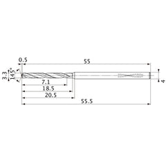 MVS0330X02S040PL DP1020 3.3 mm Dia. × 4 mm Shank × 18.5 mm Flute Length × 55.5 mm OAL, 145°, 2 Flute, Coolant Thru, Solid Carbide Drill
