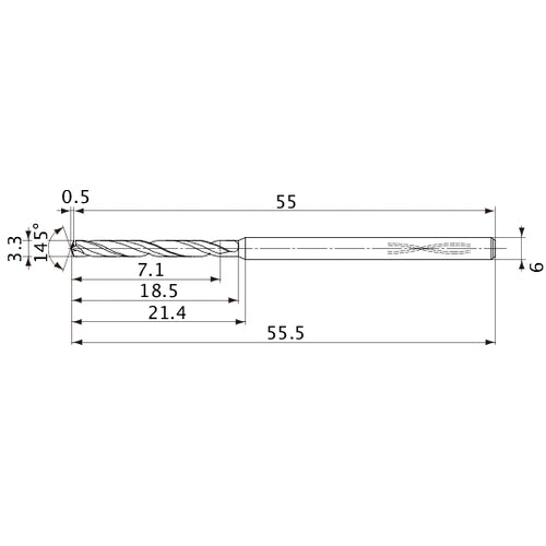 MVS0330X02S060PL DP1020 3.3 mm Dia. × 6 mm Shank × 18.5 mm Flute Length × 55.5 mm OAL, 145°, 2 Flute, Coolant Thru, Solid Carbide Drill