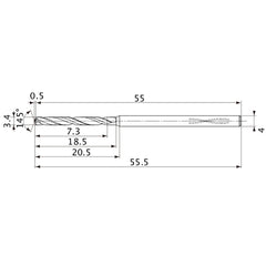 MVS0340X02S040PL DP1020 3.4 mm Dia. × 4 mm Shank × 18.5 mm Flute Length × 55.5 mm OAL, 145°, 2 Flute, Coolant Thru, Solid Carbide Drill