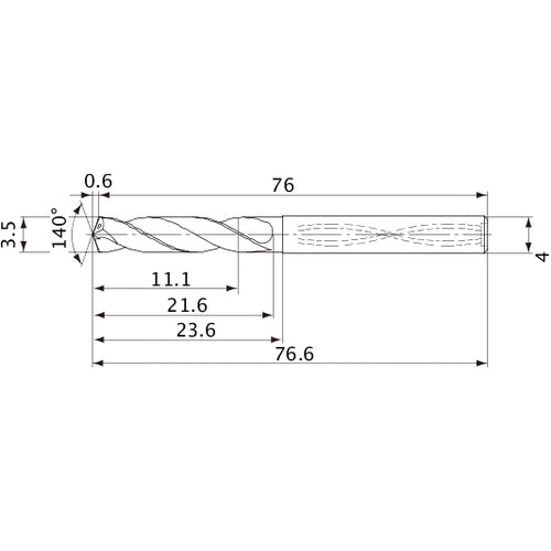 MVS0350X03S040 DP1020 3.5 mm Dia. × 4 mm Shank × 21.6 mm Flute Length × 76.6 mm OAL, 140°, 2 Flute, Coolant Thru, Solid Carbide Drill