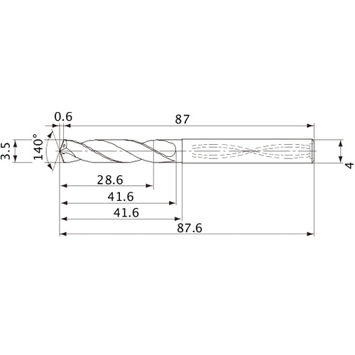 MVS0350X08S040 DP1020 3.5 mm Dia. × 4 mm Shank × 41.6 mm Flute Length × 87.6 mm OAL, 140°, 2 Flute, Coolant Thru, Solid Carbide Drill