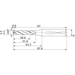 MVS0350X08S060 DP1020 3.5 mm Dia. × 6 mm Shank × 41.6 mm Flute Length × 87.6 mm OAL, 140°, 2 Flute, Coolant Thru, Solid Carbide Drill