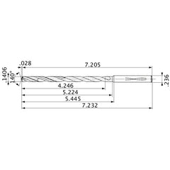 MVS0357X30S060 DP1020 0.1406″ Dia. × 0.236″ Shank × 5.224″ Flute Length × 7.232″ OAL, 140°, 2 Flute, Coolant Thru, Solid Carbide Drill