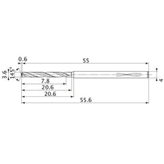 MVS0360X02S040PL DP1020 3.6 mm Dia. × 4 mm Shank × 20.6 mm Flute Length × 55.6 mm OAL, 145°, 2 Flute, Coolant Thru, Solid Carbide Drill