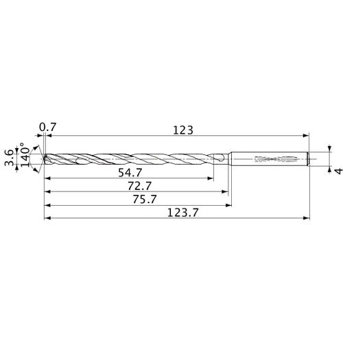 MVS0360X15S040 DP1020 3.6 mm Dia. × 4 mm Shank × 72.7 mm Flute Length × 123.7 mm OAL, 140°, 2 Flute, Coolant Thru, Solid Carbide Drill