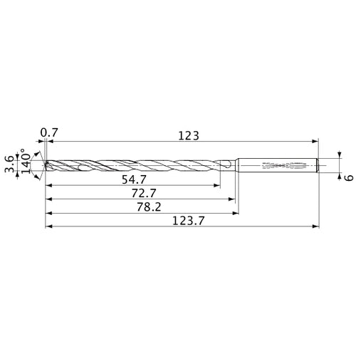 MVS0360X15S060 DP1020 3.6 mm Dia. × 6 mm Shank × 72.7 mm Flute Length × 123.7 mm OAL, 140°, 2 Flute, Coolant Thru, Solid Carbide Drill