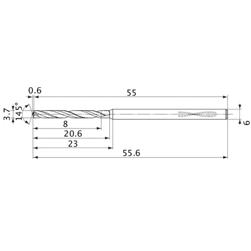MVS0370X02S060PL DP1020 3.7 mm Dia. × 6 mm Shank × 20.6 mm Flute Length × 55.6 mm OAL, 145°, 2 Flute, Coolant Thru, Solid Carbide Drill