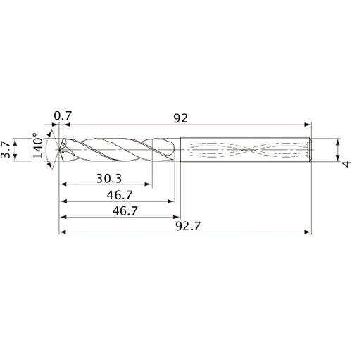 MVS0370X08S040 DP1020 3.7 mm Dia. × 4 mm Shank × 46.7 mm Flute Length × 92.7 mm OAL, 140°, 2 Flute, Coolant Thru, Solid Carbide Drill