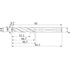 MVS0380X08S040 DP1020 3.8 mm Dia. × 4 mm Shank × 46.7 mm Flute Length × 92.7 mm OAL, 140°, 2 Flute, Coolant Thru, Solid Carbide Drill