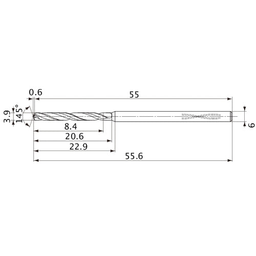 MVS0390X02S060PL DP1020 3.9 mm Dia. × 6 mm Shank × 20.6 mm Flute Length × 55.6 mm OAL, 145°, 2 Flute, Coolant Thru, Solid Carbide Drill
