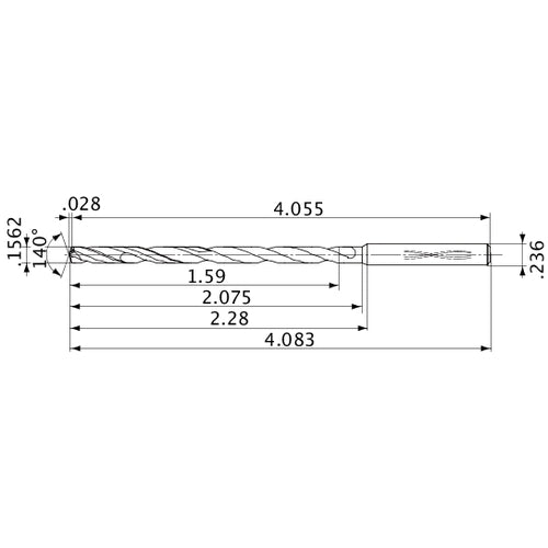 MVS0397X10S060 DP1020 0.1562″ Dia. × 0.236″ Shank × 2.075″ Flute Length × 4.083″ OAL, 140°, 2 Flute, Coolant Thru, Solid Carbide Drill