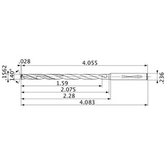 MVS0397X10S060 DP1020 0.1562″ Dia. × 0.236″ Shank × 2.075″ Flute Length × 4.083″ OAL, 140°, 2 Flute, Coolant Thru, Solid Carbide Drill