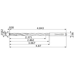 MVS0397X15S060 DP1020 0.1562″ Dia. × 0.236″ Shank × 2.862″ Flute Length × 4.87″ OAL, 140°, 2 Flute, Coolant Thru, Solid Carbide Drill