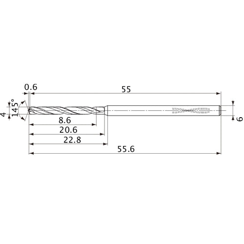 MVS0400X02S060PL DP1020 4 mm Dia. × 6 mm Shank × 20.6 mm Flute Length × 55.6 mm OAL, 145°, 2 Flute, Coolant Thru, Solid Carbide Drill