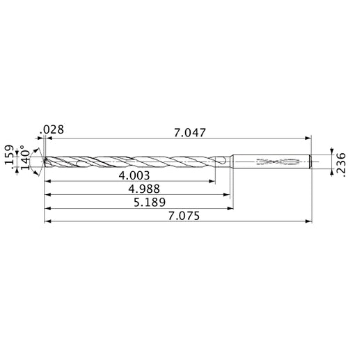 MVS0404X25S060 DP1020 0.159″ Dia. × 0.236″ Shank × 4.988″ Flute Length × 7.075″ OAL, 140°, 2 Flute, Coolant Thru, Solid Carbide Drill