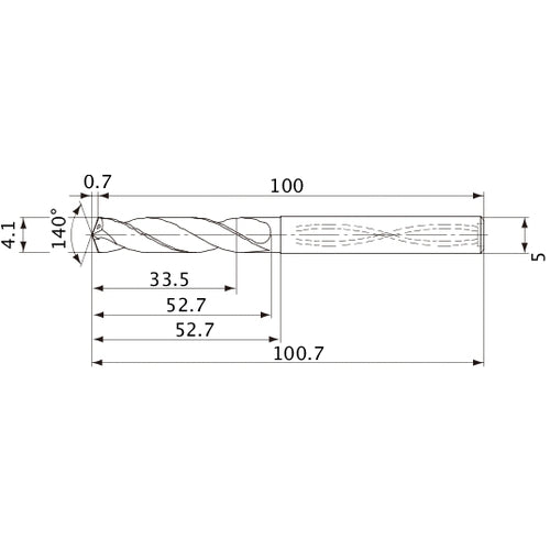 MVS0410X08S050 DP1020 4.1 mm Dia. × 5 mm Shank × 52.7 mm Flute Length × 100.7 mm OAL, 140°, 2 Flute, Coolant Thru, Solid Carbide Drill