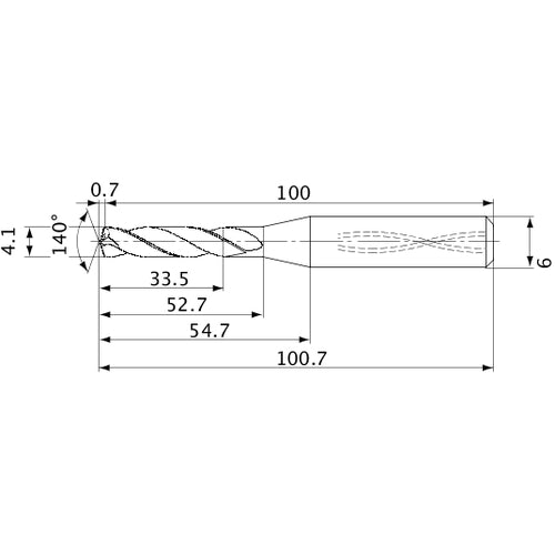 MVS0410X08S060 DP1020 4.1 mm Dia. × 6 mm Shank × 52.7 mm Flute Length × 100.7 mm OAL, 140°, 2 Flute, Coolant Thru, Solid Carbide Drill