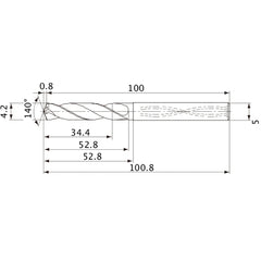 MVS0420X08S050 DP1020 4.2 mm Dia. × 5 mm Shank × 52.8 mm Flute Length × 100.8 mm OAL, 140°, 2 Flute, Coolant Thru, Solid Carbide Drill