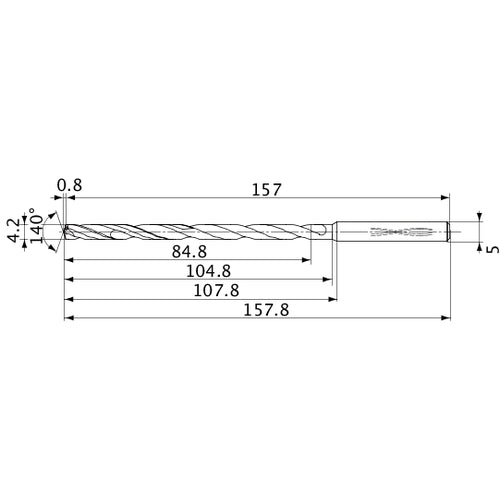 MVS0420X20S050 DP1020 4.2 mm Dia. × 5 mm Shank × 104.8 mm Flute Length × 157.8 mm OAL, 140°, 2 Flute, Coolant Thru, Solid Carbide Drill