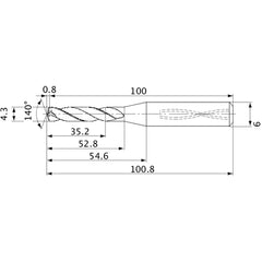MVS0430X08S060 DP1020 4.3 mm Dia. × 6 mm Shank × 52.8 mm Flute Length × 100.8 mm OAL, 140°, 2 Flute, Coolant Thru, Solid Carbide Drill