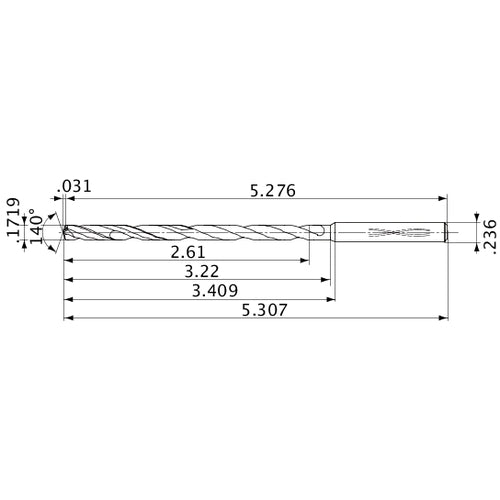 MVS0437X15S060 DP1020 0.1719″ Dia. × 0.236″ Shank × 3.22″ Flute Length × 5.307″ OAL, 140°, 2 Flute, Coolant Thru, Solid Carbide Drill