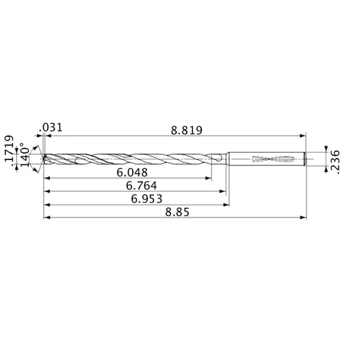 MVS0437X35S060 DP1020 0.1719″ Dia. × 0.236″ Shank × 6.764″ Flute Length × 8.85″ OAL, 140°, 2 Flute, Coolant Thru, Solid Carbide Drill