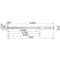 MVS0437X35S060 DP1020 0.1719″ Dia. × 0.236″ Shank × 6.764″ Flute Length × 8.85″ OAL, 140°, 2 Flute, Coolant Thru, Solid Carbide Drill