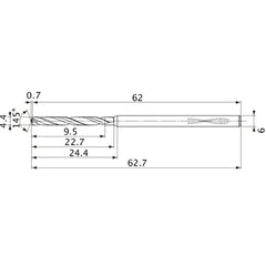 MVS0440X02S060PL DP1020 4.4 mm Dia. × 6 mm Shank × 22.7 mm Flute Length × 62.7 mm OAL, 145°, 2 Flute, Coolant Thru, Solid Carbide Drill
