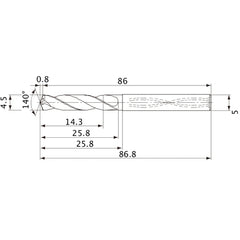 MVS0450X03S050 DP1020 4.5 mm Dia. × 5 mm Shank × 25.8 mm Flute Length × 86.8 mm OAL, 140°, 2 Flute, Coolant Thru, Solid Carbide Drill