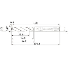 MVS0450X08S050 DP1020 4.5 mm Dia. × 5 mm Shank × 52.8 mm Flute Length × 100.8 mm OAL, 140°, 2 Flute, Coolant Thru, Solid Carbide Drill