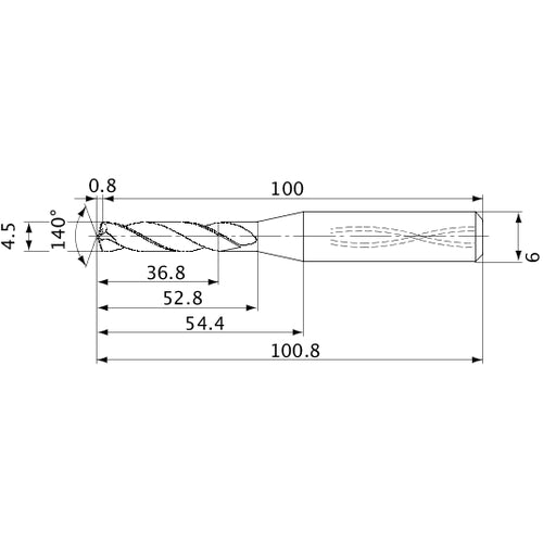 MVS0450X08S060 DP1020 4.5 mm Dia. × 6 mm Shank × 52.8 mm Flute Length × 100.8 mm OAL, 140°, 2 Flute, Coolant Thru, Solid Carbide Drill