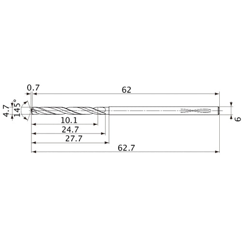 MVS0470X02S060PL DP1020 4.7 mm Dia. × 6 mm Shank × 24.7 mm Flute Length × 62.7 mm OAL, 145°, 2 Flute, Coolant Thru, Solid Carbide Drill