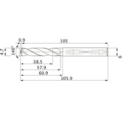 MVS0470X08S060 DP1020 4.7 mm Dia. × 6 mm Shank × 57.9 mm Flute Length × 105.9 mm OAL, 140°, 2 Flute, Coolant Thru, Solid Carbide Drill