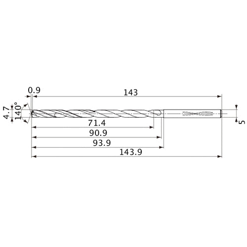 MVS0470X15S050 DP1020 4.7 mm Dia. × 5 mm Shank × 90.9 mm Flute Length × 143.9 mm OAL, 140°, 2 Flute, Coolant Thru, Solid Carbide Drill