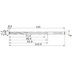 MVS0470X15S060 DP1020 4.7 mm Dia. × 6 mm Shank × 90.9 mm Flute Length × 143.9 mm OAL, 140°, 2 Flute, Coolant Thru, Solid Carbide Drill