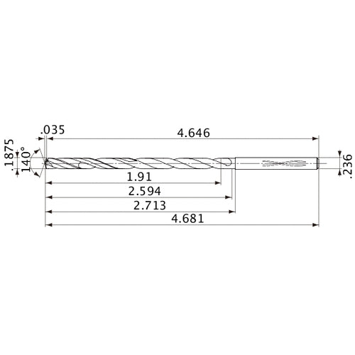 MVS0476X10S060 DP1020 3/16″ Dia. × 0.236″ Shank × 2.594″ Flute Length × 4.681″ OAL, 140°, 2 Flute, Coolant Thru, Solid Carbide Drill