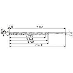 MVS0476X25S060 DP1020 3/16″ Dia. × 0.236″ Shank × 5.547″ Flute Length × 7.634″ OAL, 140°, 2 Flute, Coolant Thru, Solid Carbide Drill