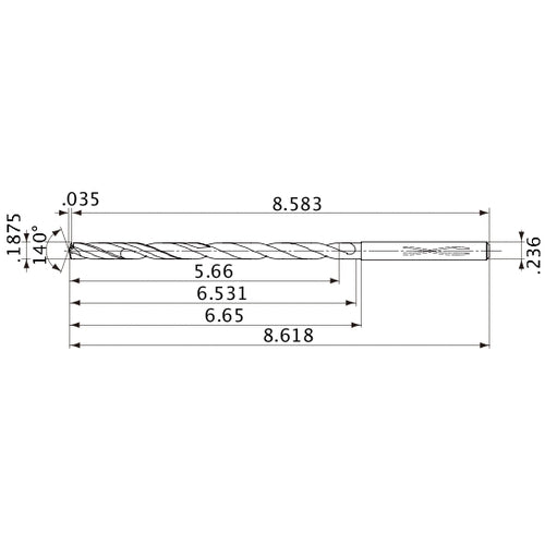 MVS0476X30S060 DP1020 3/16″ Dia. × 0.236″ Shank × 6.531″ Flute Length × 8.618″ OAL, 140°, 2 Flute, Coolant Thru, Solid Carbide Drill