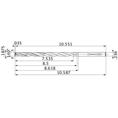 ‎MVS0476X40S060 DP1020 3/16″ Dia. × 0.236″ Shank × 8-1/2″ Flute Length × 10.587″ OAL, 140°, 2 Flute, Coolant Thru, Solid Carbide Drill