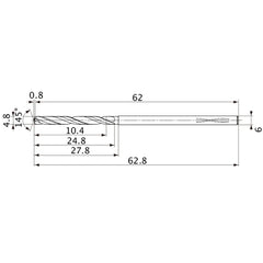 MVS0480X02S060PL DP1020 4.8 mm Dia. × 6 mm Shank × 24.8 mm Flute Length × 62.8 mm OAL, 145°, 2 Flute, Coolant Thru, Solid Carbide Drill